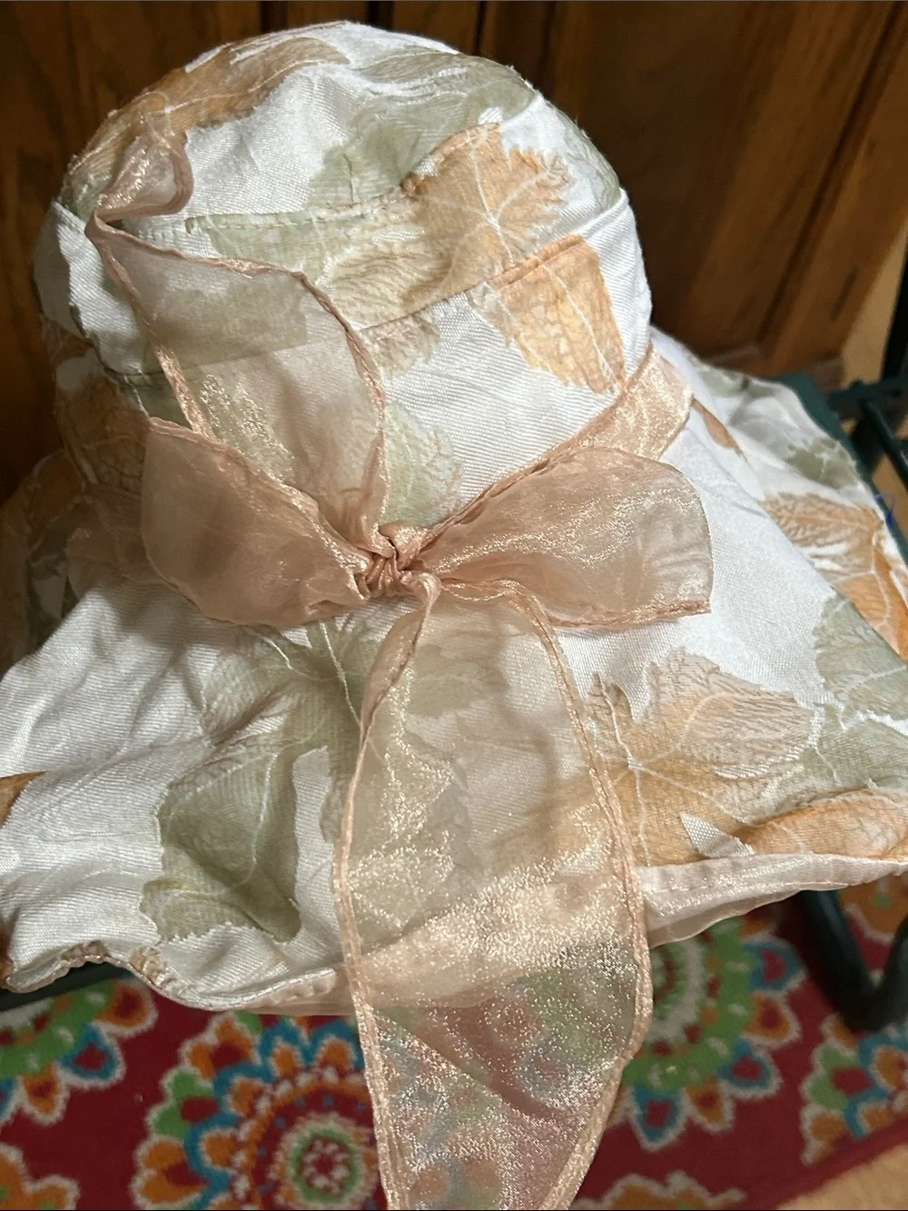 Wide Brim Floral Organza Sun Hat - Peach & Cream